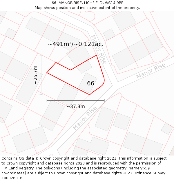 66, MANOR RISE, LICHFIELD, WS14 9RF: Plot and title map