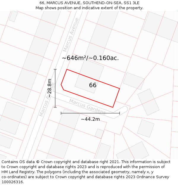 66, MARCUS AVENUE, SOUTHEND-ON-SEA, SS1 3LE: Plot and title map