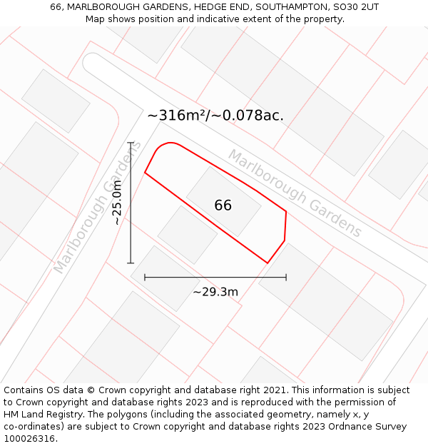 66, MARLBOROUGH GARDENS, HEDGE END, SOUTHAMPTON, SO30 2UT: Plot and title map