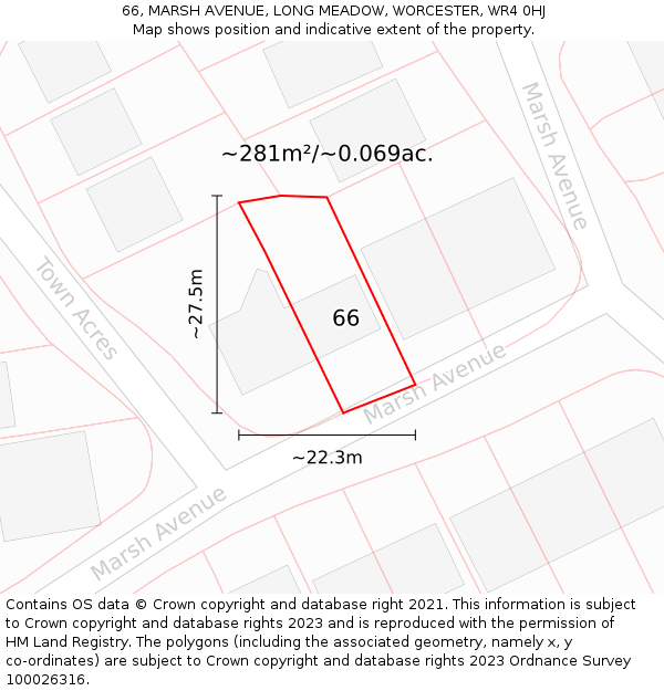 66, MARSH AVENUE, LONG MEADOW, WORCESTER, WR4 0HJ: Plot and title map