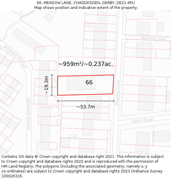 66, MEADOW LANE, CHADDESDEN, DERBY, DE21 6PU: Plot and title map
