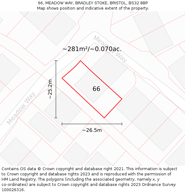 66, MEADOW WAY, BRADLEY STOKE, BRISTOL, BS32 8BP: Plot and title map