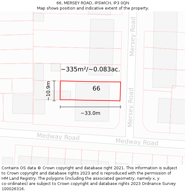 66, MERSEY ROAD, IPSWICH, IP3 0QN: Plot and title map