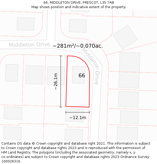 66, MIDDLETON DRIVE, PRESCOT, L35 7AB: Plot and title map