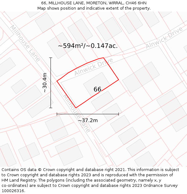 66, MILLHOUSE LANE, MORETON, WIRRAL, CH46 6HN: Plot and title map