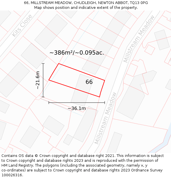 66, MILLSTREAM MEADOW, CHUDLEIGH, NEWTON ABBOT, TQ13 0PG: Plot and title map