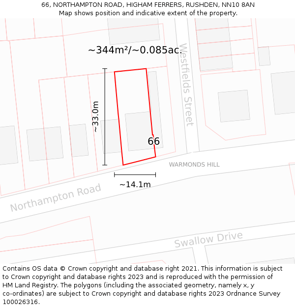 66, NORTHAMPTON ROAD, HIGHAM FERRERS, RUSHDEN, NN10 8AN: Plot and title map
