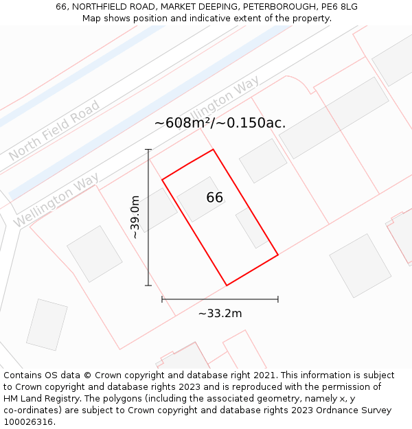 66, NORTHFIELD ROAD, MARKET DEEPING, PETERBOROUGH, PE6 8LG: Plot and title map