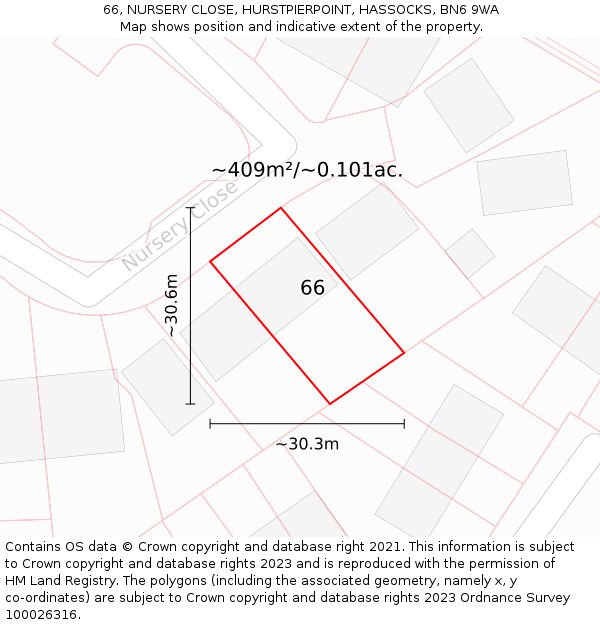 66, NURSERY CLOSE, HURSTPIERPOINT, HASSOCKS, BN6 9WA: Plot and title map