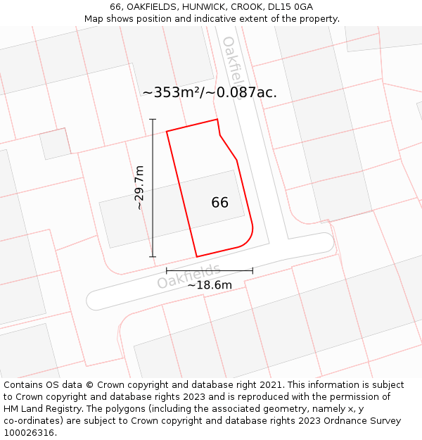 66, OAKFIELDS, HUNWICK, CROOK, DL15 0GA: Plot and title map