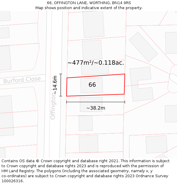 66, OFFINGTON LANE, WORTHING, BN14 9RS: Plot and title map