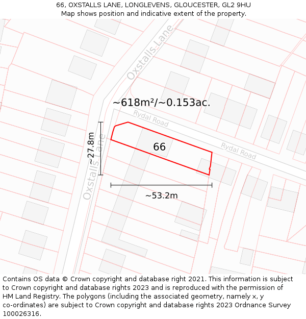66, OXSTALLS LANE, LONGLEVENS, GLOUCESTER, GL2 9HU: Plot and title map