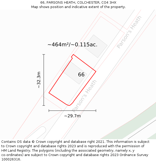66, PARSONS HEATH, COLCHESTER, CO4 3HX: Plot and title map