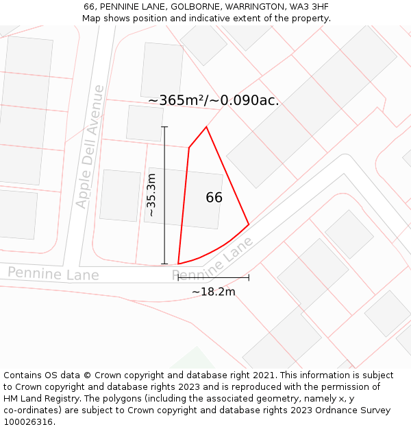 66, PENNINE LANE, GOLBORNE, WARRINGTON, WA3 3HF: Plot and title map