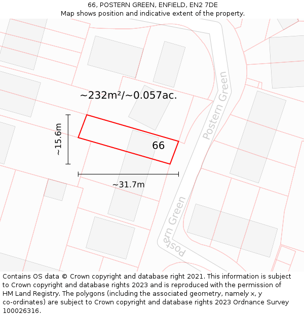 66, POSTERN GREEN, ENFIELD, EN2 7DE: Plot and title map