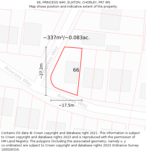 66, PRINCESS WAY, EUXTON, CHORLEY, PR7 6PJ: Plot and title map