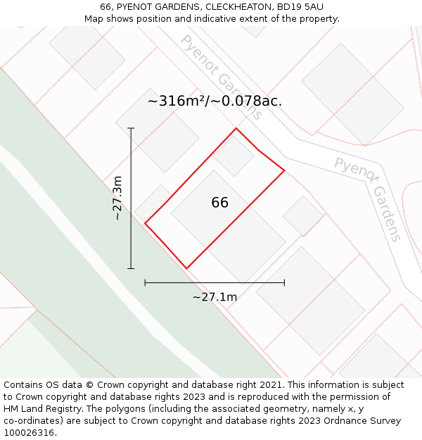 66, PYENOT GARDENS, CLECKHEATON, BD19 5AU: Plot and title map
