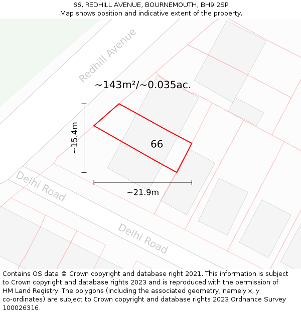 66, REDHILL AVENUE, BOURNEMOUTH, BH9 2SP: Plot and title map