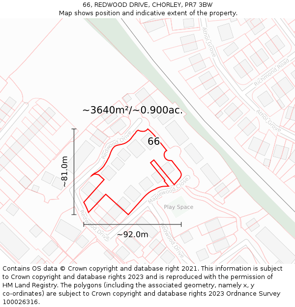66, REDWOOD DRIVE, CHORLEY, PR7 3BW: Plot and title map
