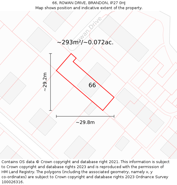 66, ROWAN DRIVE, BRANDON, IP27 0HJ: Plot and title map