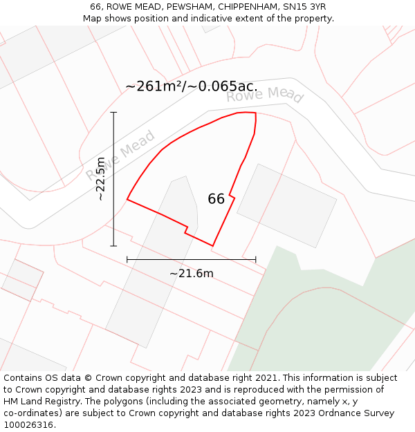 66, ROWE MEAD, PEWSHAM, CHIPPENHAM, SN15 3YR: Plot and title map