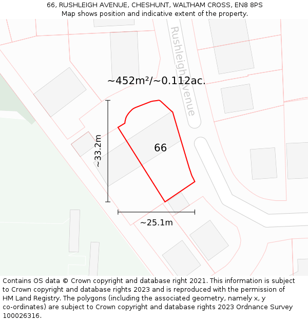 66, RUSHLEIGH AVENUE, CHESHUNT, WALTHAM CROSS, EN8 8PS: Plot and title map