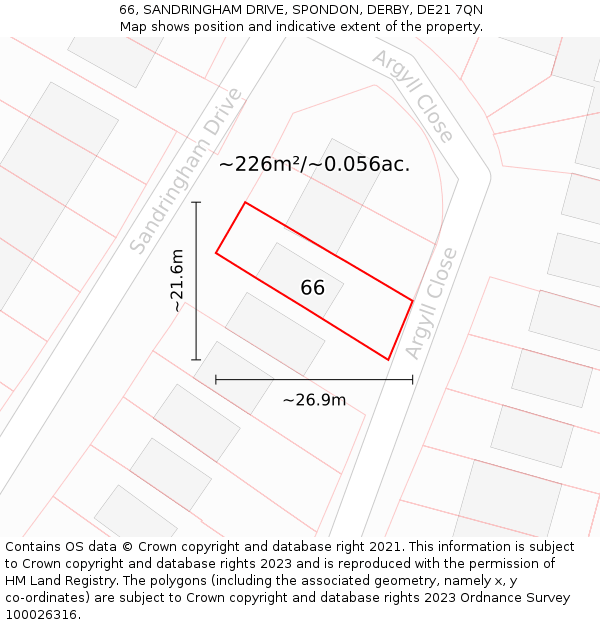 66, SANDRINGHAM DRIVE, SPONDON, DERBY, DE21 7QN: Plot and title map
