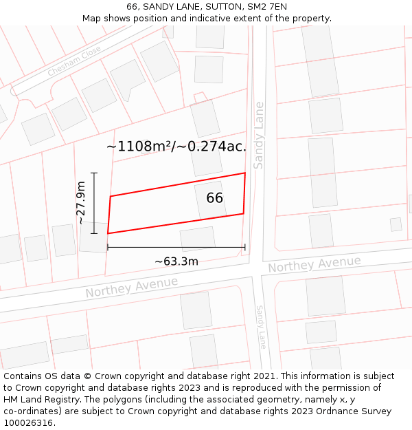 66, SANDY LANE, SUTTON, SM2 7EN: Plot and title map