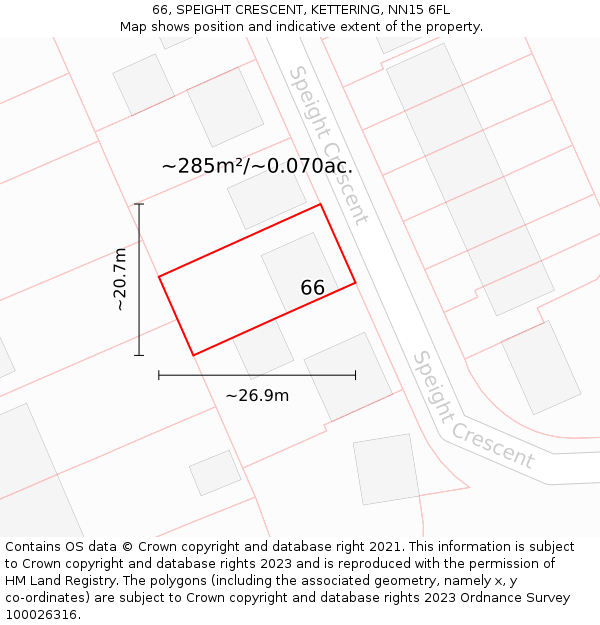 66, SPEIGHT CRESCENT, KETTERING, NN15 6FL: Plot and title map