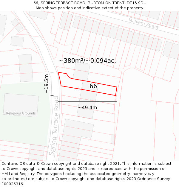 66, SPRING TERRACE ROAD, BURTON-ON-TRENT, DE15 9DU: Plot and title map