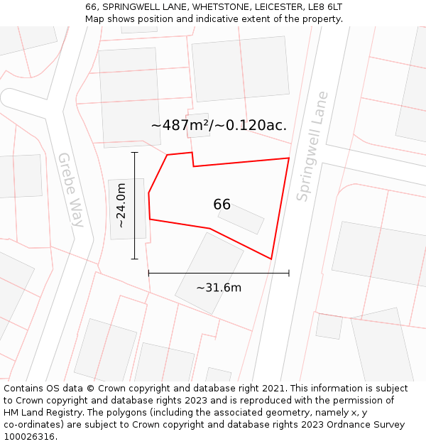 66, SPRINGWELL LANE, WHETSTONE, LEICESTER, LE8 6LT: Plot and title map