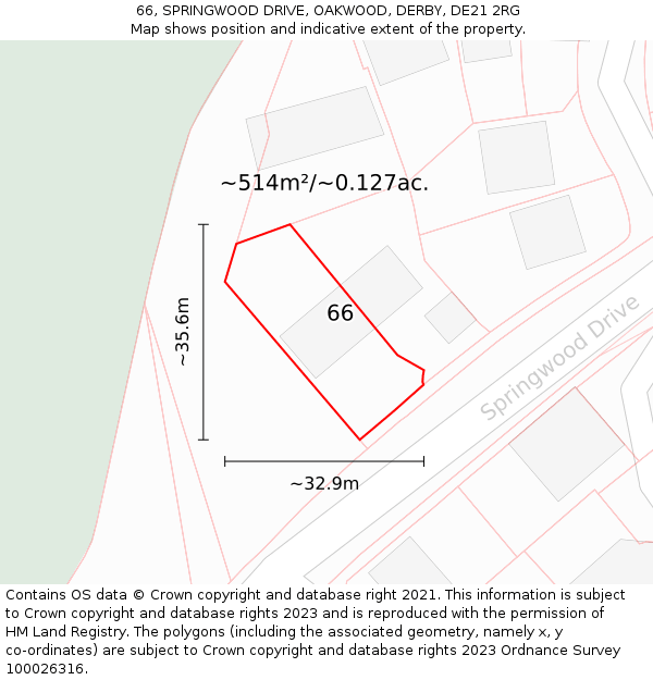 66, SPRINGWOOD DRIVE, OAKWOOD, DERBY, DE21 2RG: Plot and title map