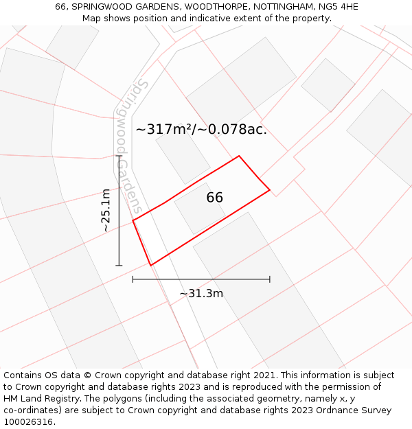 66, SPRINGWOOD GARDENS, WOODTHORPE, NOTTINGHAM, NG5 4HE: Plot and title map