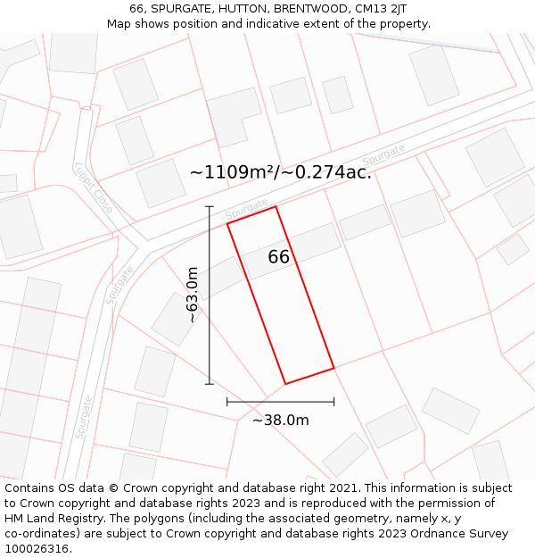 66, SPURGATE, HUTTON, BRENTWOOD, CM13 2JT: Plot and title map