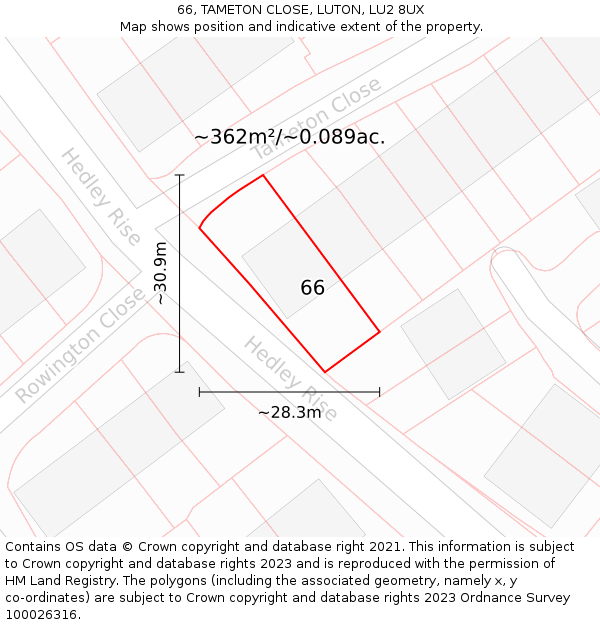 66, TAMETON CLOSE, LUTON, LU2 8UX: Plot and title map