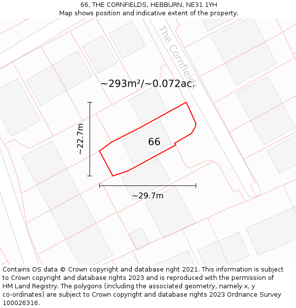 66, THE CORNFIELDS, HEBBURN, NE31 1YH: Plot and title map