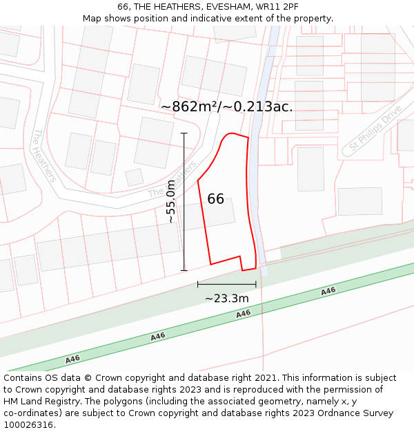 66, THE HEATHERS, EVESHAM, WR11 2PF: Plot and title map