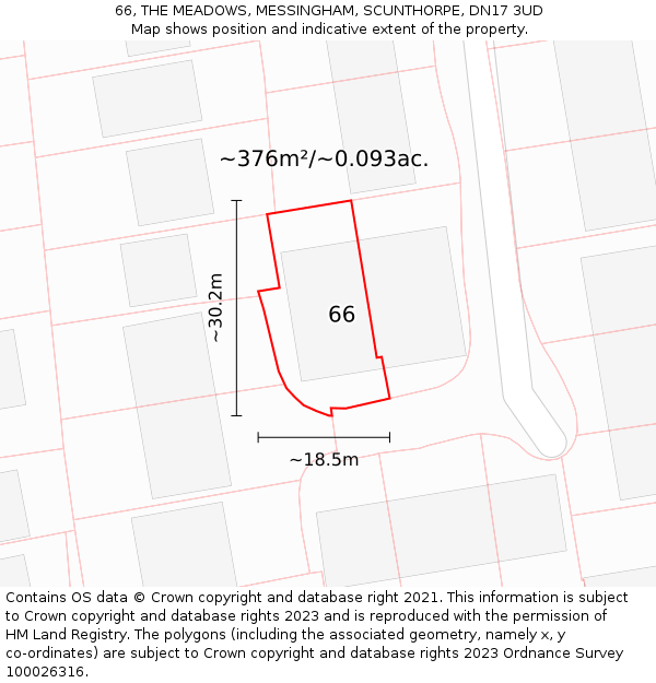66, THE MEADOWS, MESSINGHAM, SCUNTHORPE, DN17 3UD: Plot and title map