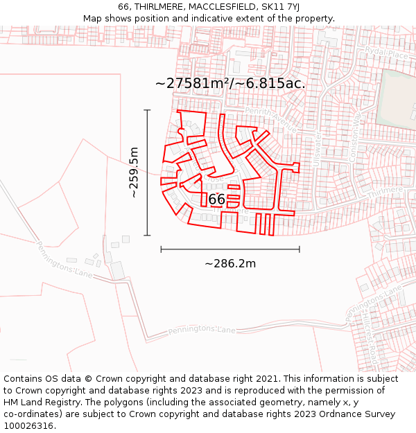 66, THIRLMERE, MACCLESFIELD, SK11 7YJ: Plot and title map