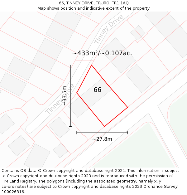 66, TINNEY DRIVE, TRURO, TR1 1AQ: Plot and title map