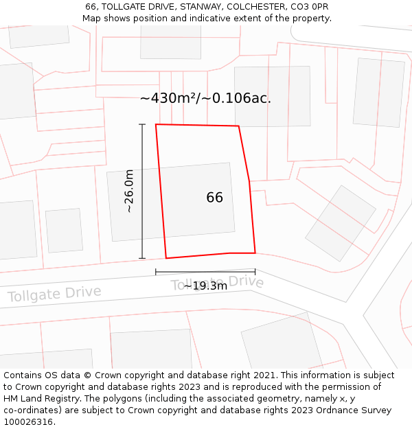 66, TOLLGATE DRIVE, STANWAY, COLCHESTER, CO3 0PR: Plot and title map