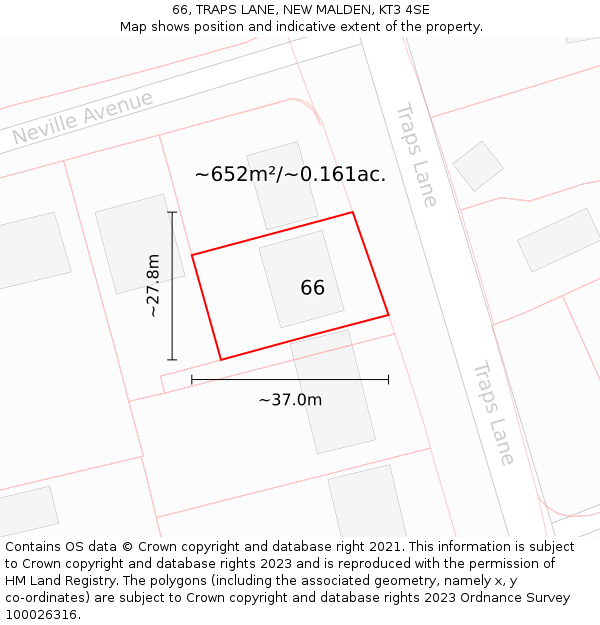 66, TRAPS LANE, NEW MALDEN, KT3 4SE: Plot and title map