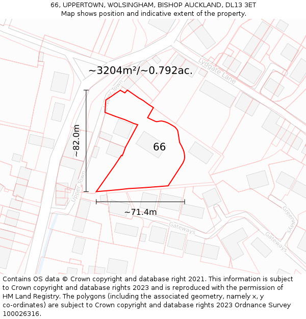 66, UPPERTOWN, WOLSINGHAM, BISHOP AUCKLAND, DL13 3ET: Plot and title map