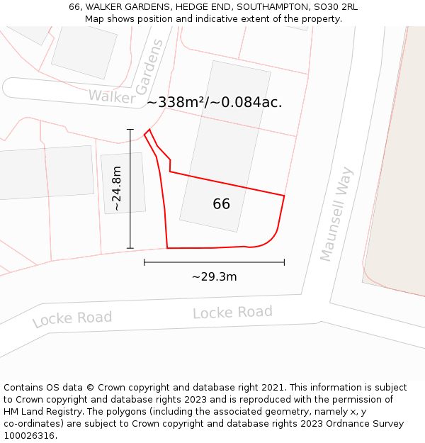 66, WALKER GARDENS, HEDGE END, SOUTHAMPTON, SO30 2RL: Plot and title map