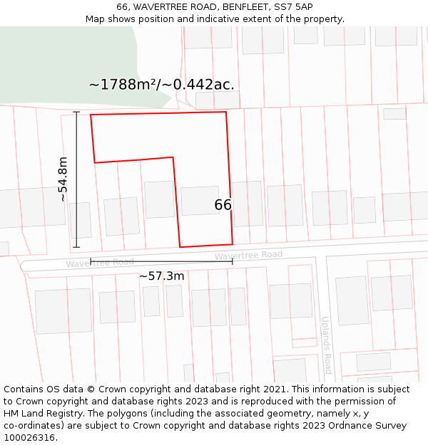 66, WAVERTREE ROAD, BENFLEET, SS7 5AP: Plot and title map