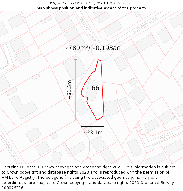 66, WEST FARM CLOSE, ASHTEAD, KT21 2LJ: Plot and title map