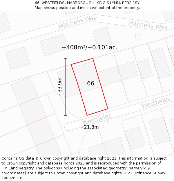 66, WESTFIELDS, NARBOROUGH, KING'S LYNN, PE32 1SY: Plot and title map