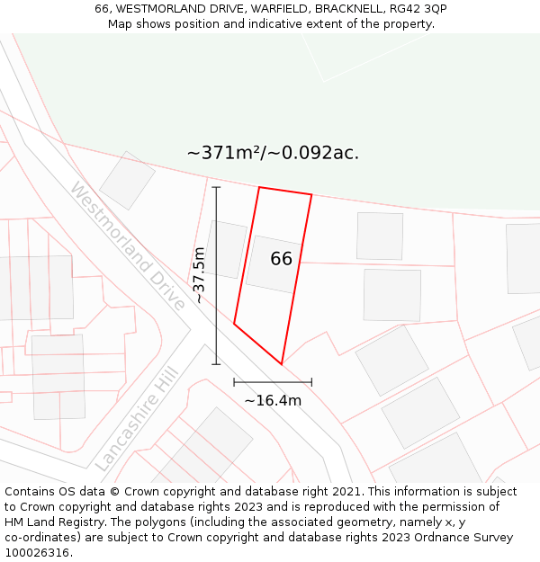 66, WESTMORLAND DRIVE, WARFIELD, BRACKNELL, RG42 3QP: Plot and title map