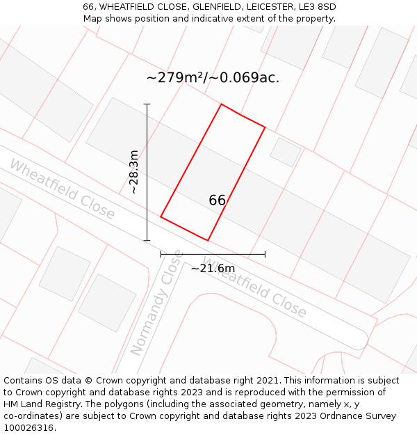 66, WHEATFIELD CLOSE, GLENFIELD, LEICESTER, LE3 8SD: Plot and title map