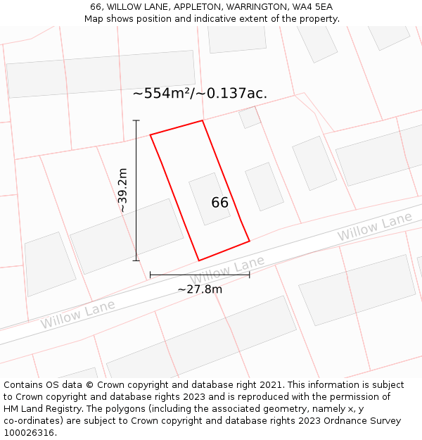 66, WILLOW LANE, APPLETON, WARRINGTON, WA4 5EA: Plot and title map
